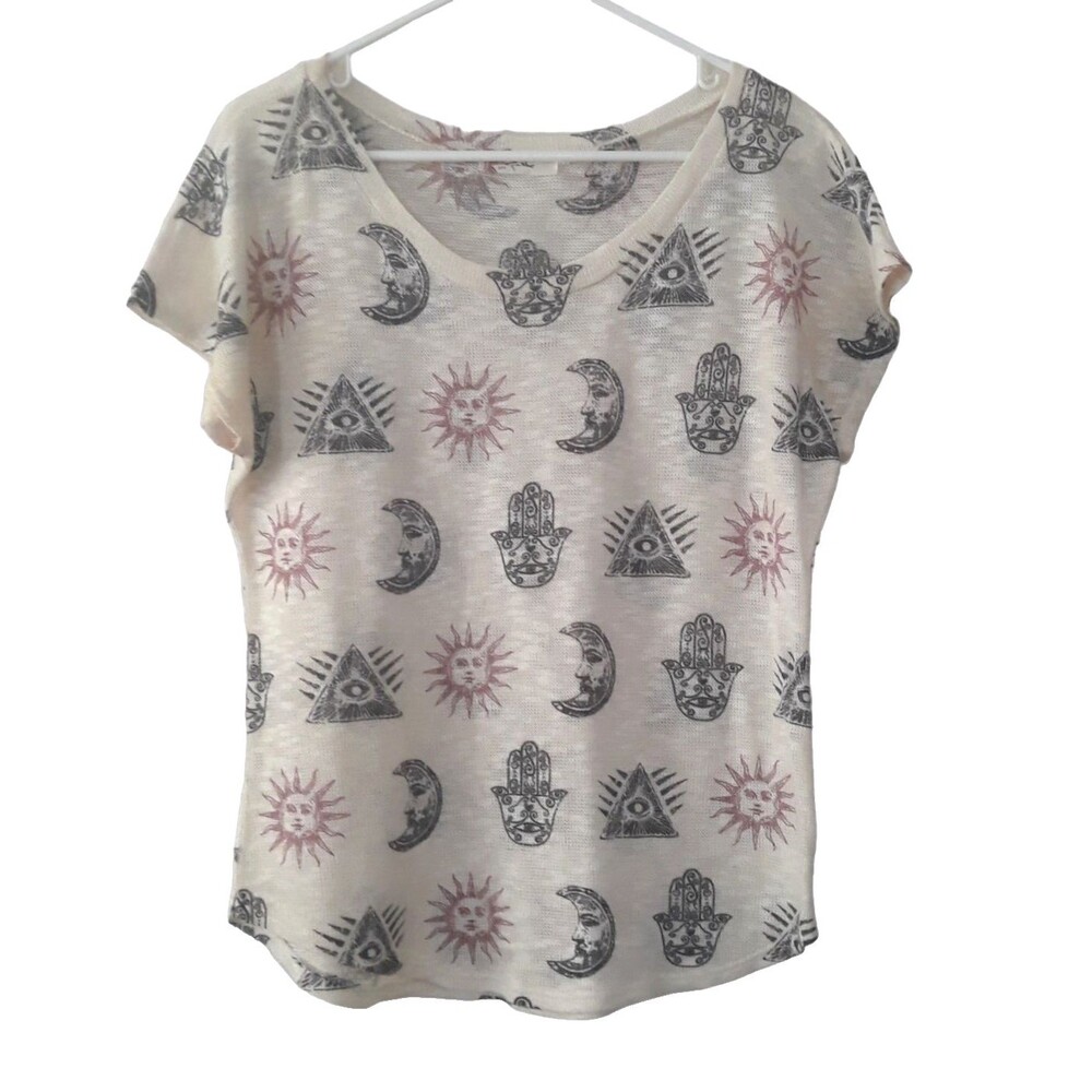 Gaze USA Hamsa Hand Star Moon Sun Top Womens Large Ivory Black Short Sleeve Knit